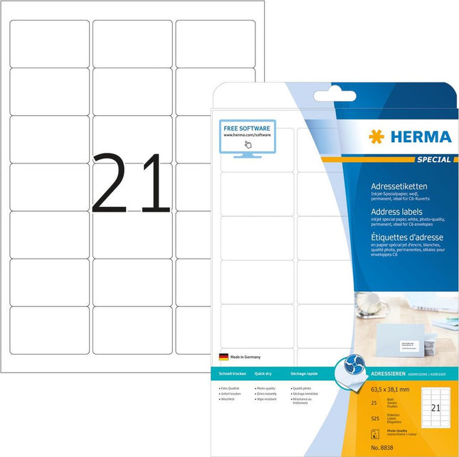 HERMA Special - Etichette di indirizzo autoadesive, opaca, rivestite in carta - bianco - 63,5 x 38,1 mm - 90 g/m2 - 525 etichette (25 fogli x 21) (8838)