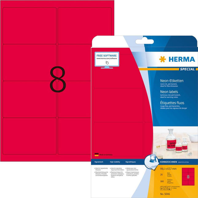 HERMA Special - Etichette in carta autoadesiva permanente, opaca, fluorescente - Rosso luminoso - 99,1 x 67,7 mm - 160 etichette (20 fogli x 8) (5046)
